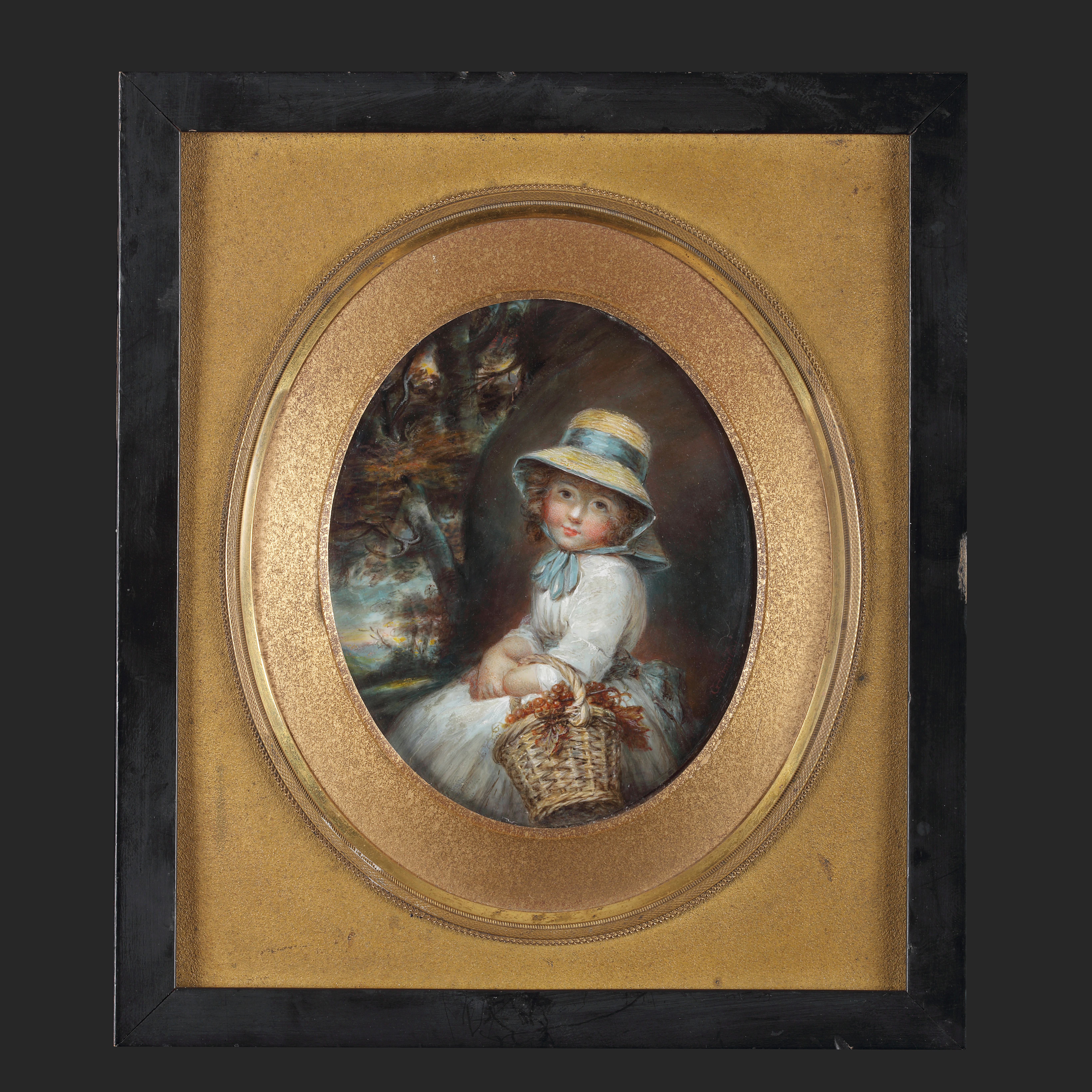 Portrait miniature of a young girl, called the Honourable Miss Esther Herbert, wearing a white dress, a straw hat with blue ribbon, holding a basket of grapes, with a landscape background